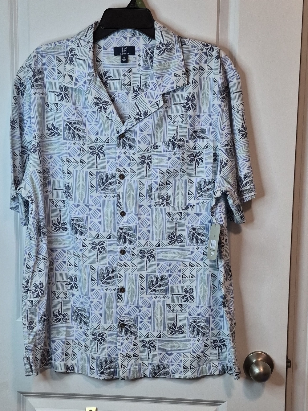 George Men's Short-Sleeve Button Down Shirt - Light Blue & White Palm Print SzXL